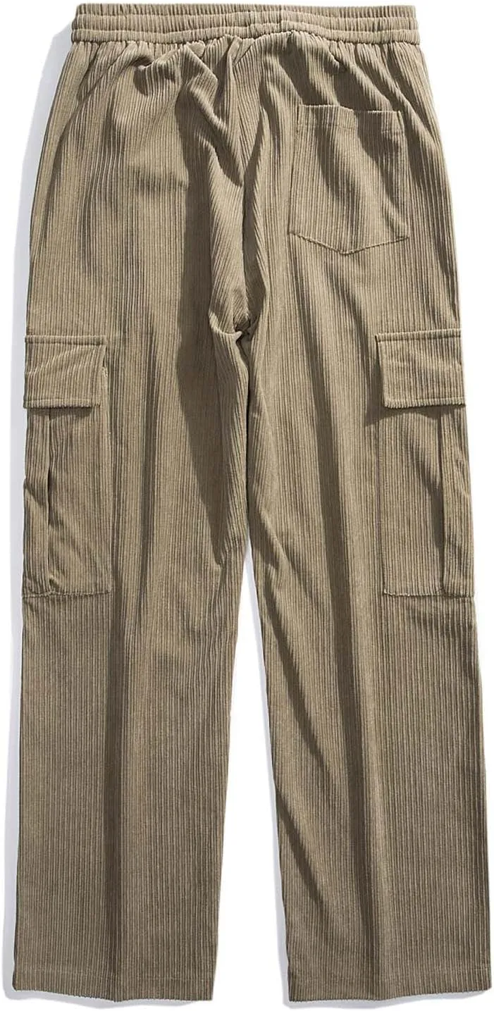 Mens Corduroy Cargo Sweatpants Elastic Waist Casual Long Pants Baggy Y2K Hip hop Streetwear Pant Athletic Clothes