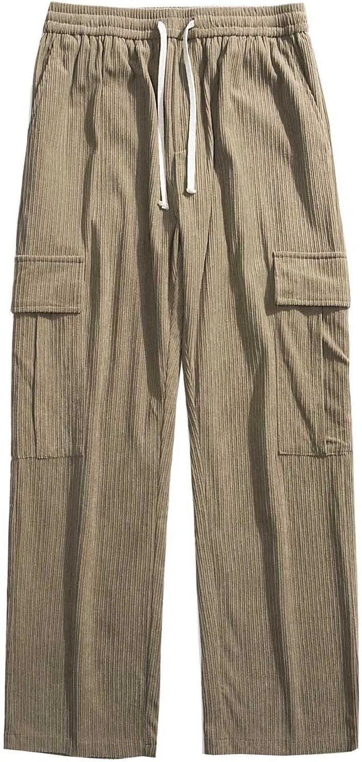 Mens Corduroy Cargo Sweatpants Elastic Waist Casual Long Pants Baggy Y2K Hip hop Streetwear Pant Athletic Clothes