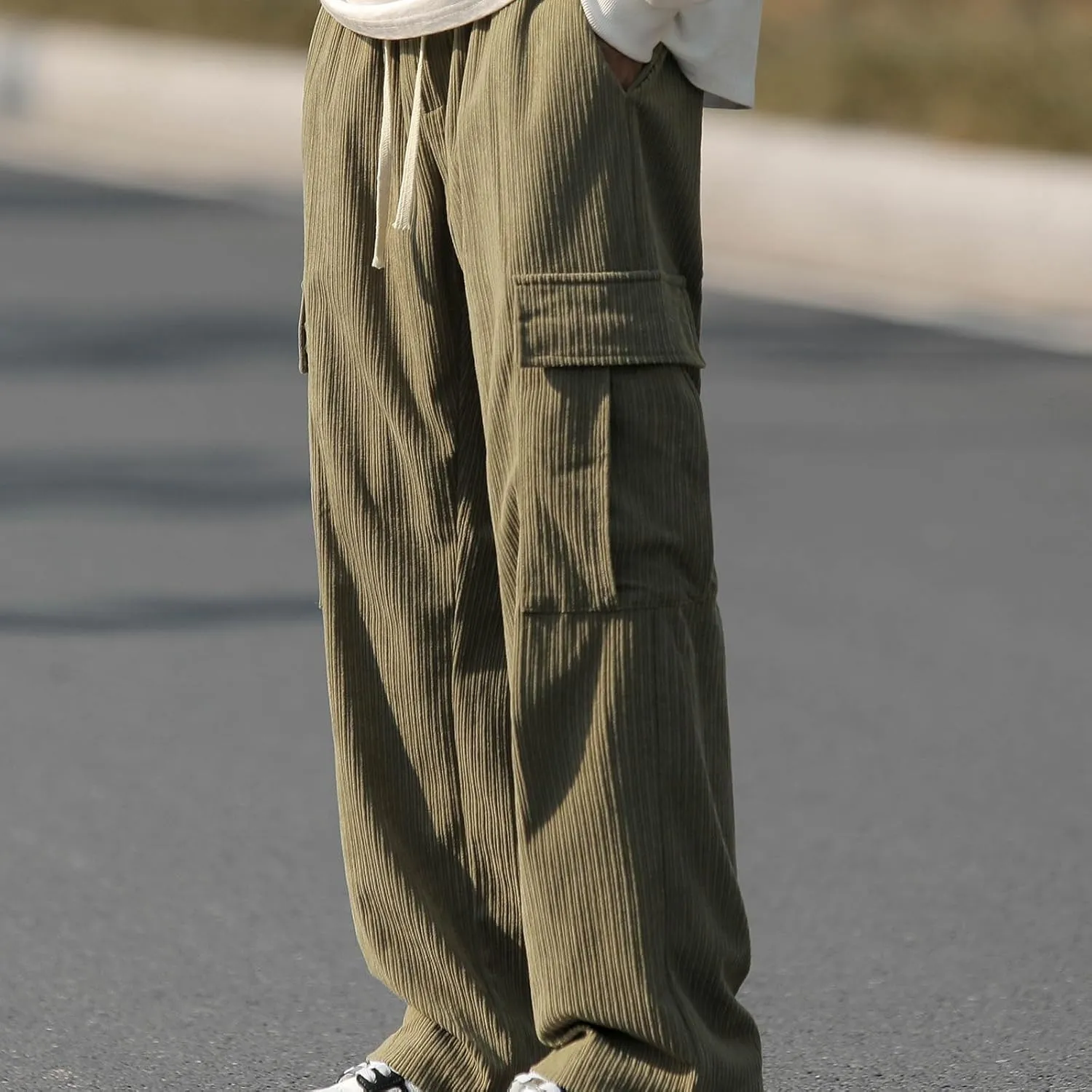 Mens Corduroy Cargo Sweatpants Elastic Waist Casual Long Pants Baggy Y2K Hip hop Streetwear Pant Athletic Clothes