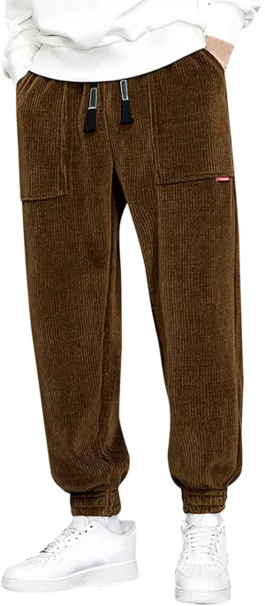 Men's Corduroy Pants Drawstring Elastic Waist Casual Tapered Trousers Fashion Streetwear Joggers Pants with Pockets