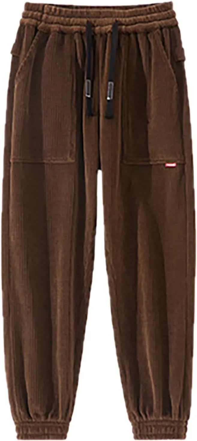 Men's Corduroy Pants Drawstring Elastic Waist Casual Tapered Trousers Fashion Streetwear Joggers Pants with Pockets