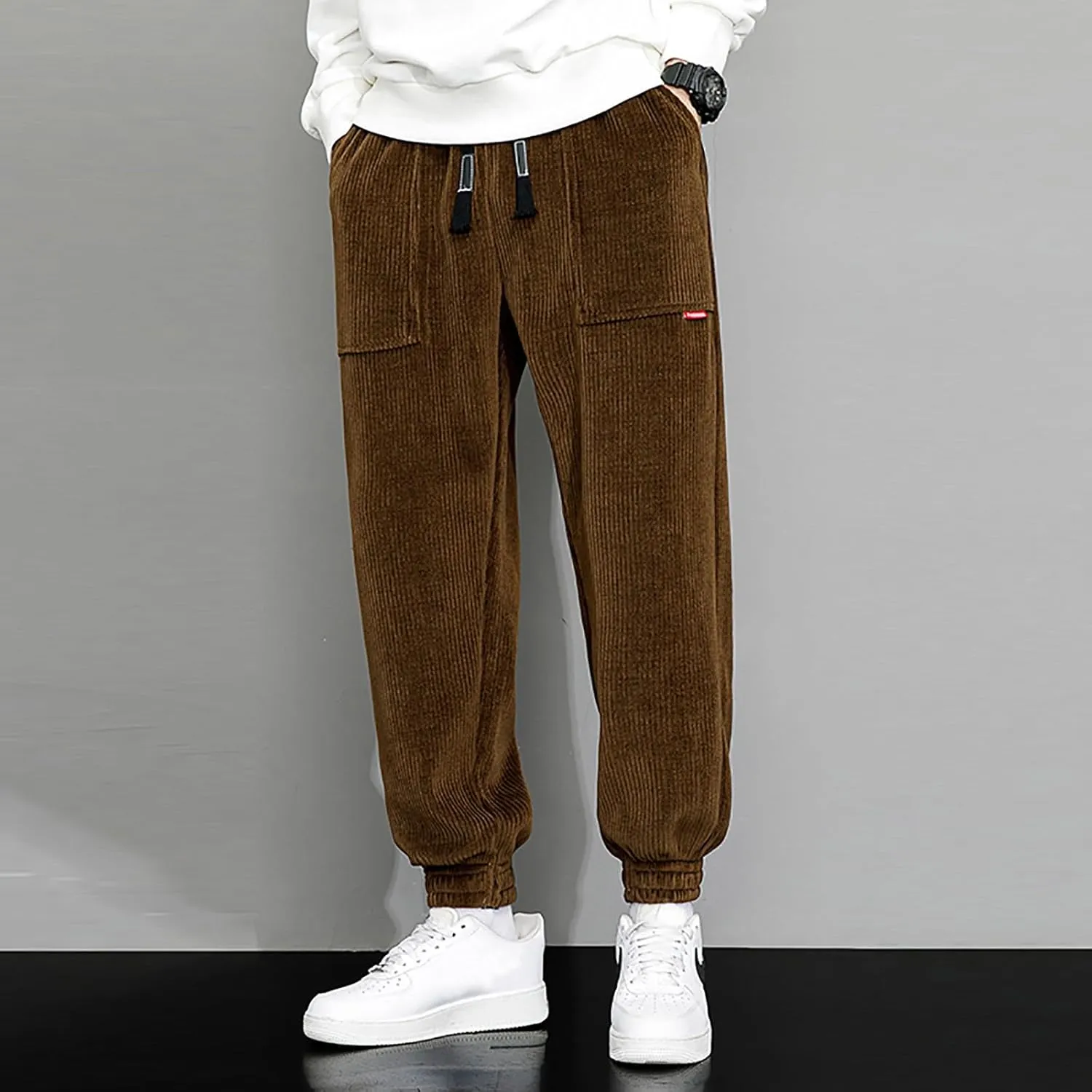 Men's Corduroy Pants Drawstring Elastic Waist Casual Tapered Trousers Fashion Streetwear Joggers Pants with Pockets