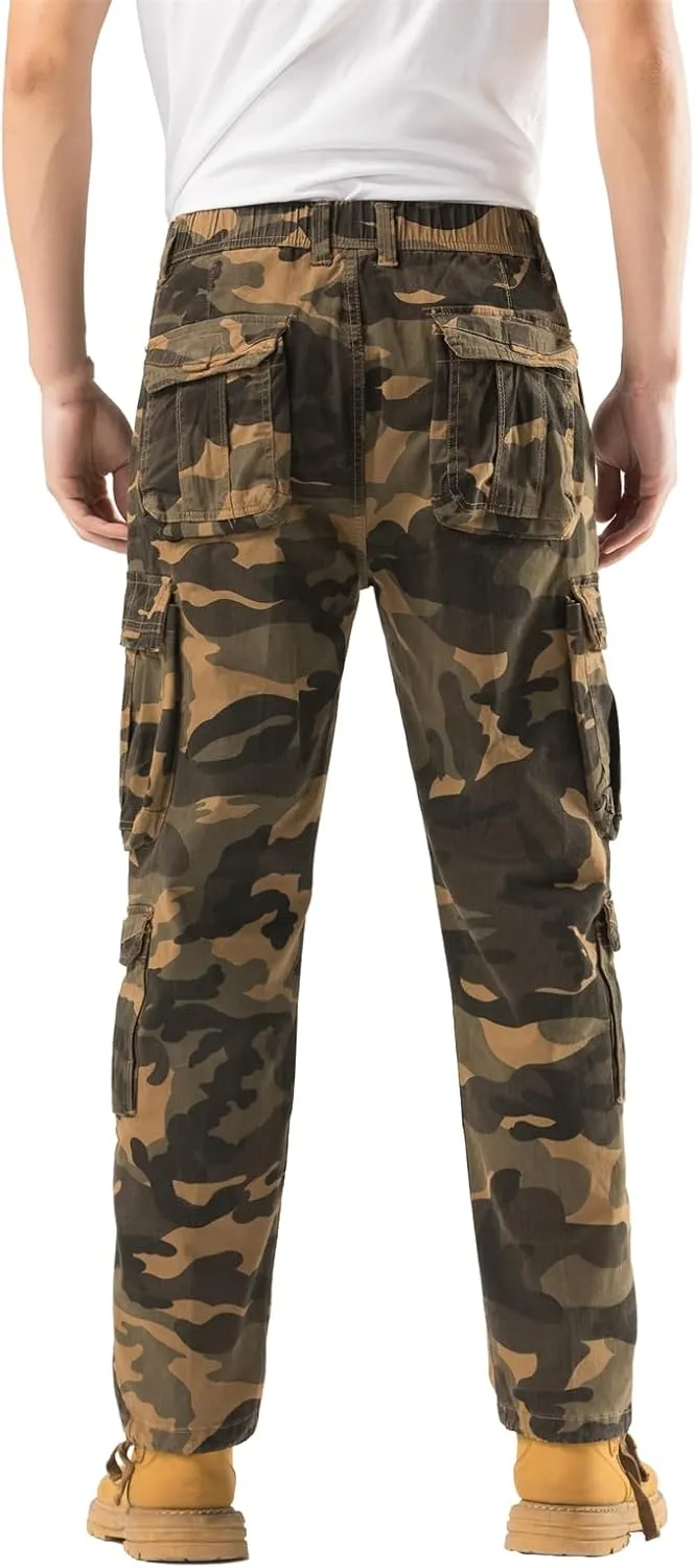 Mens Elastic Waist Camo Cargo Pants Multi Pocket Stretch Twill Cotton Cargo Jogger Work Pants for Men