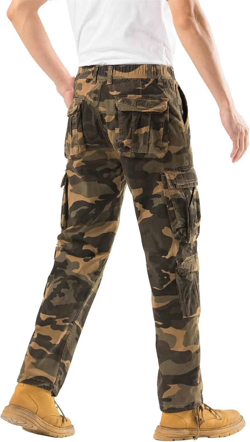 Mens Elastic Waist Camo Cargo Pants Multi Pocket Stretch Twill Cotton Cargo Jogger Work Pants for Men