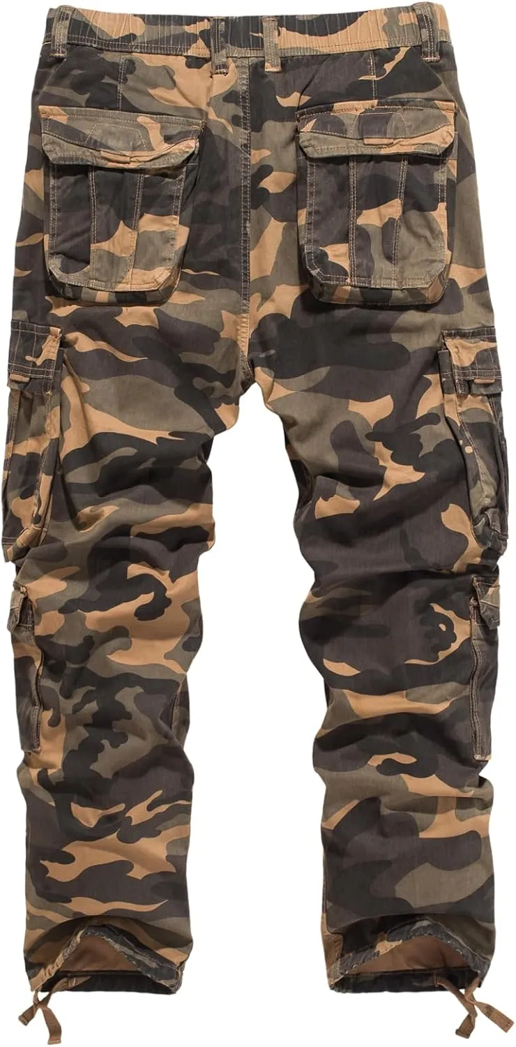Mens Elastic Waist Camo Cargo Pants Multi Pocket Stretch Twill Cotton Cargo Jogger Work Pants for Men