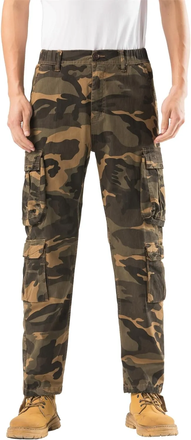 Mens Elastic Waist Camo Cargo Pants Multi Pocket Stretch Twill Cotton Cargo Jogger Work Pants for Men
