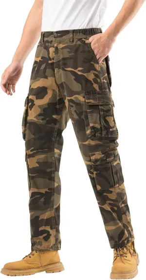 Mens Elastic Waist Camo Cargo Pants Multi Pocket Stretch Twill Cotton Cargo Jogger Work Pants for Men