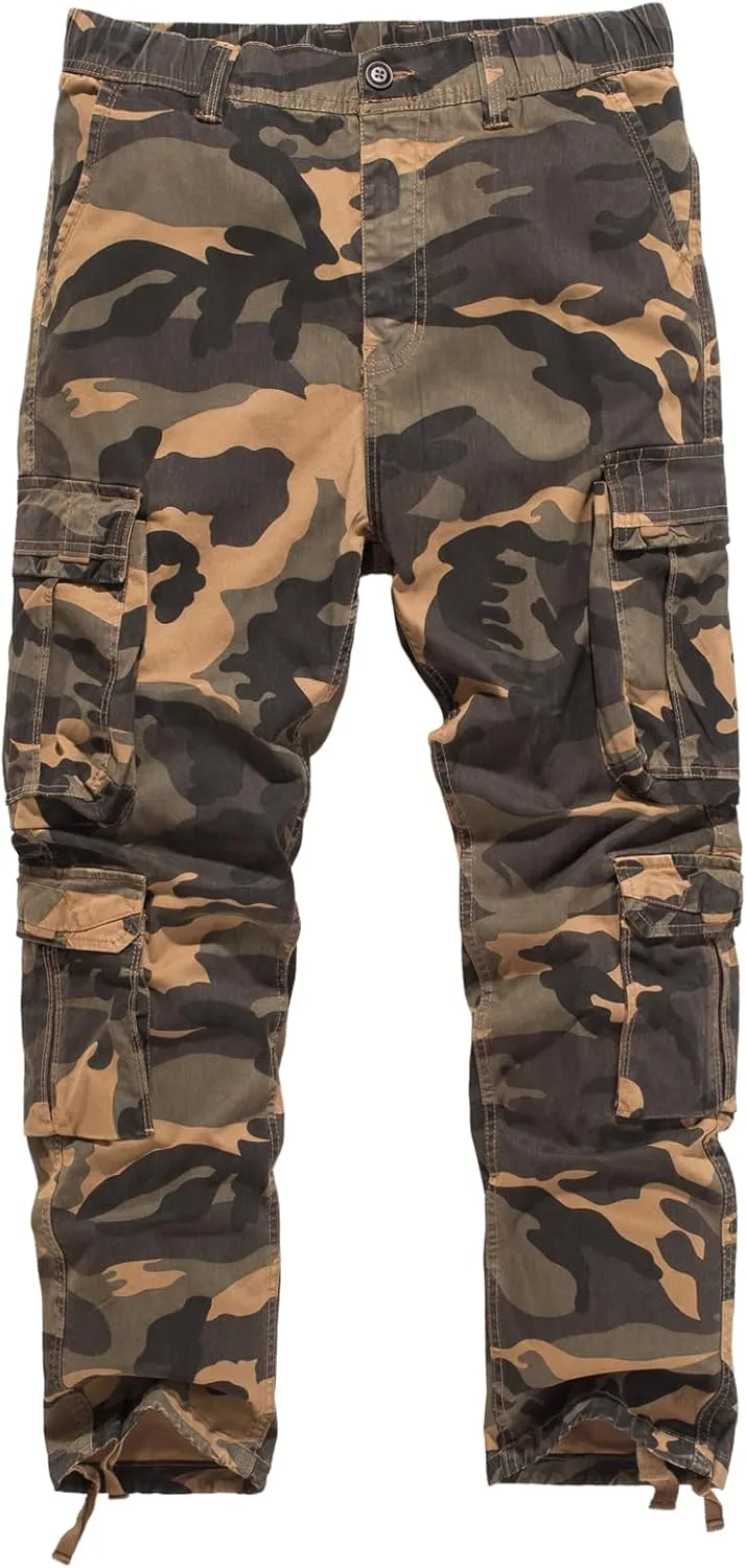 Mens Elastic Waist Camo Cargo Pants Multi Pocket Stretch Twill Cotton Cargo Jogger Work Pants for Men