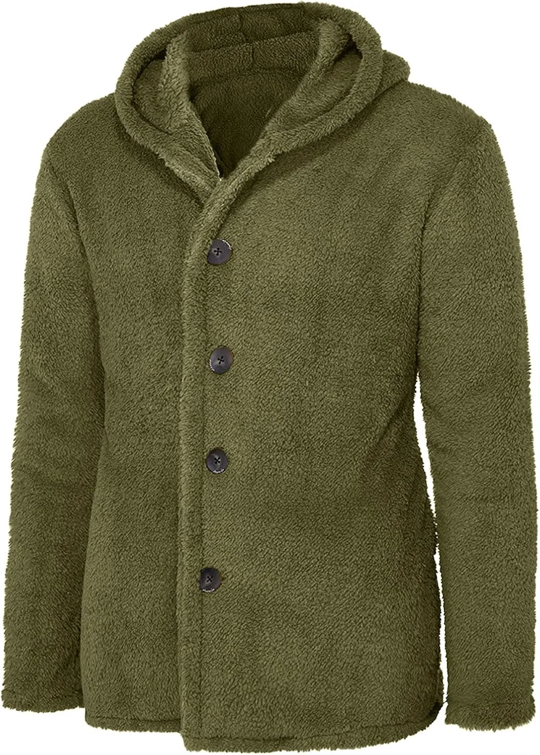 Mens Fuzzy Sherpa Jacket Solid Color Button Down Fluffy Fleece Coat Winter Fashion Casual Warm Hooded Jacket