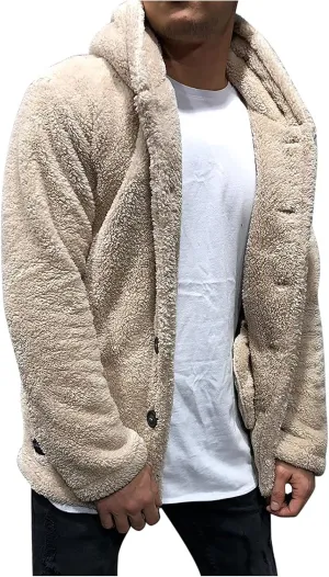 Mens Fuzzy Sherpa Jacket Solid Color Button Down Fluffy Fleece Coat Winter Fashion Casual Warm Hooded Jacket