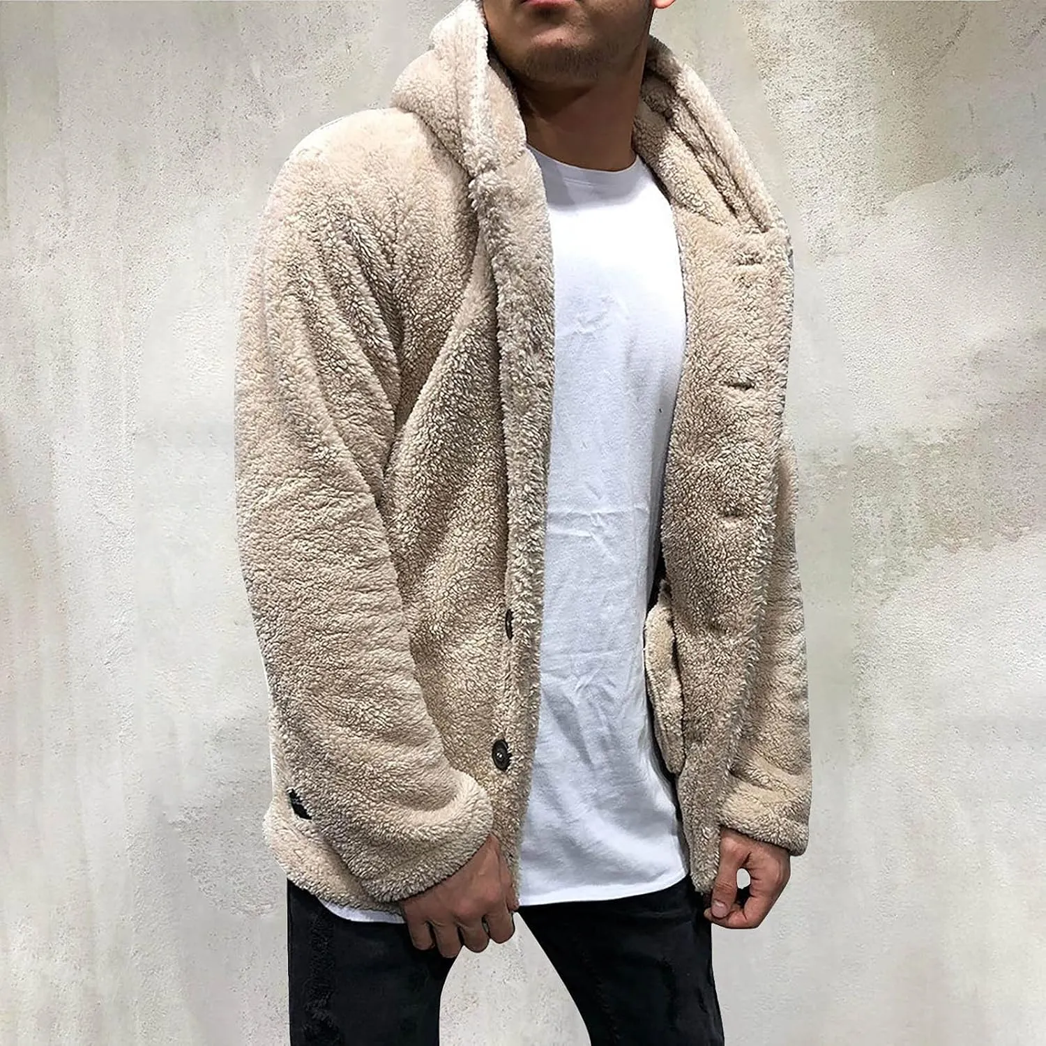 Mens Fuzzy Sherpa Jacket Solid Color Button Down Fluffy Fleece Coat Winter Fashion Casual Warm Hooded Jacket