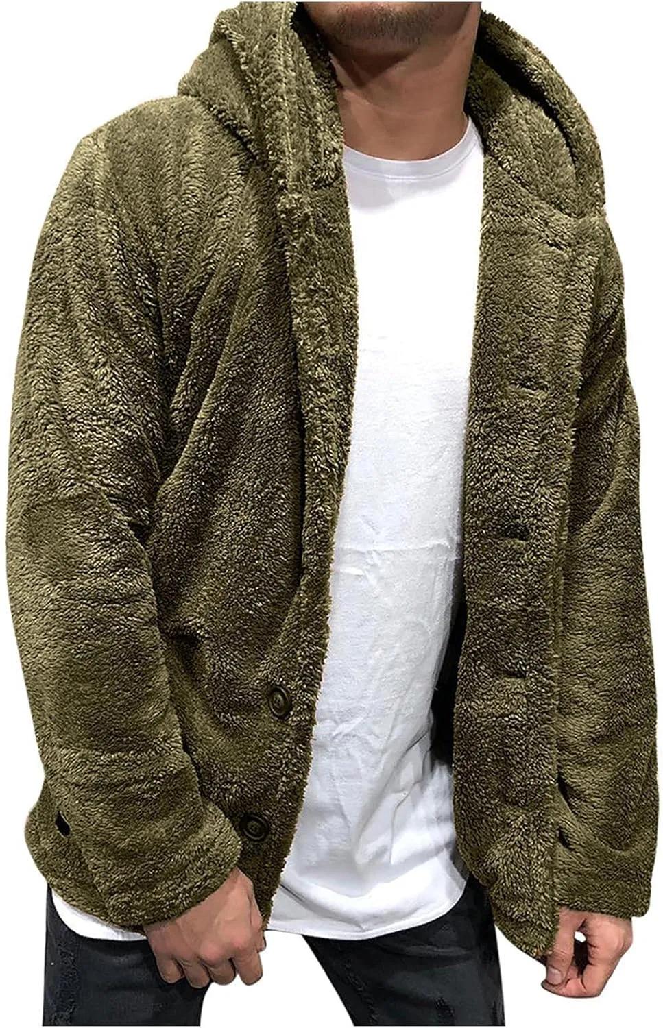 Mens Fuzzy Sherpa Jacket Solid Color Button Down Fluffy Fleece Coat Winter Fashion Casual Warm Hooded Jacket