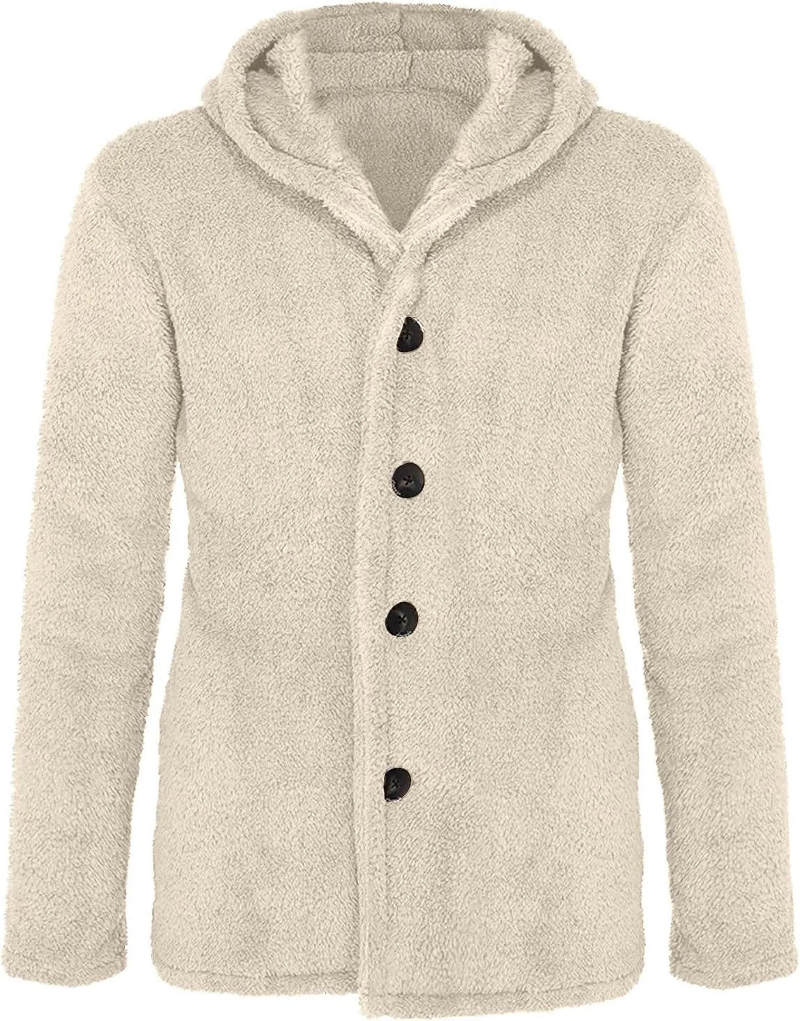 Mens Fuzzy Sherpa Jacket Solid Color Button Down Fluffy Fleece Coat Winter Fashion Casual Warm Hooded Jacket