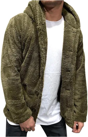Mens Fuzzy Sherpa Jacket Solid Color Button Down Fluffy Fleece Coat Winter Fashion Casual Warm Hooded Jacket
