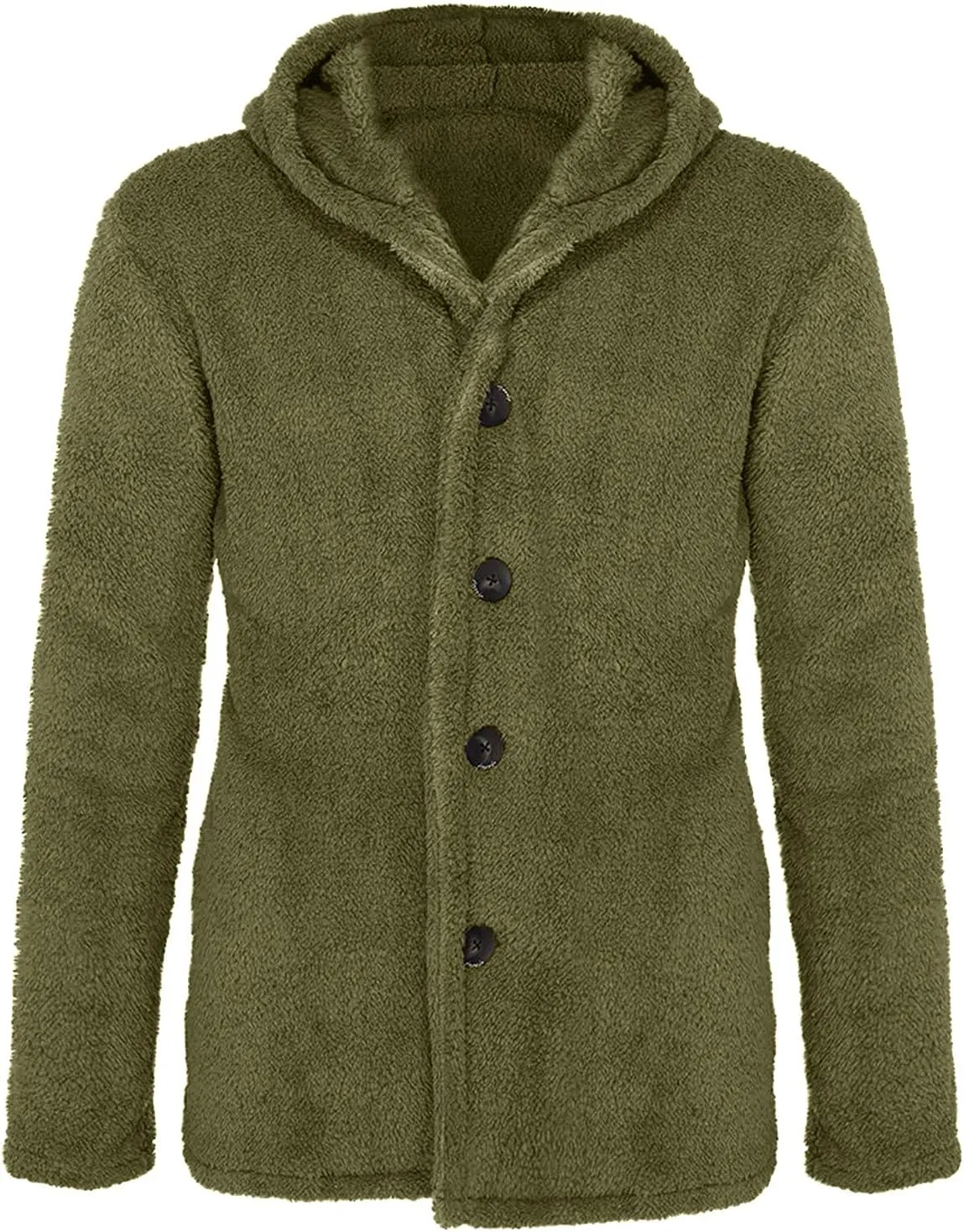 Mens Fuzzy Sherpa Jacket Solid Color Button Down Fluffy Fleece Coat Winter Fashion Casual Warm Hooded Jacket