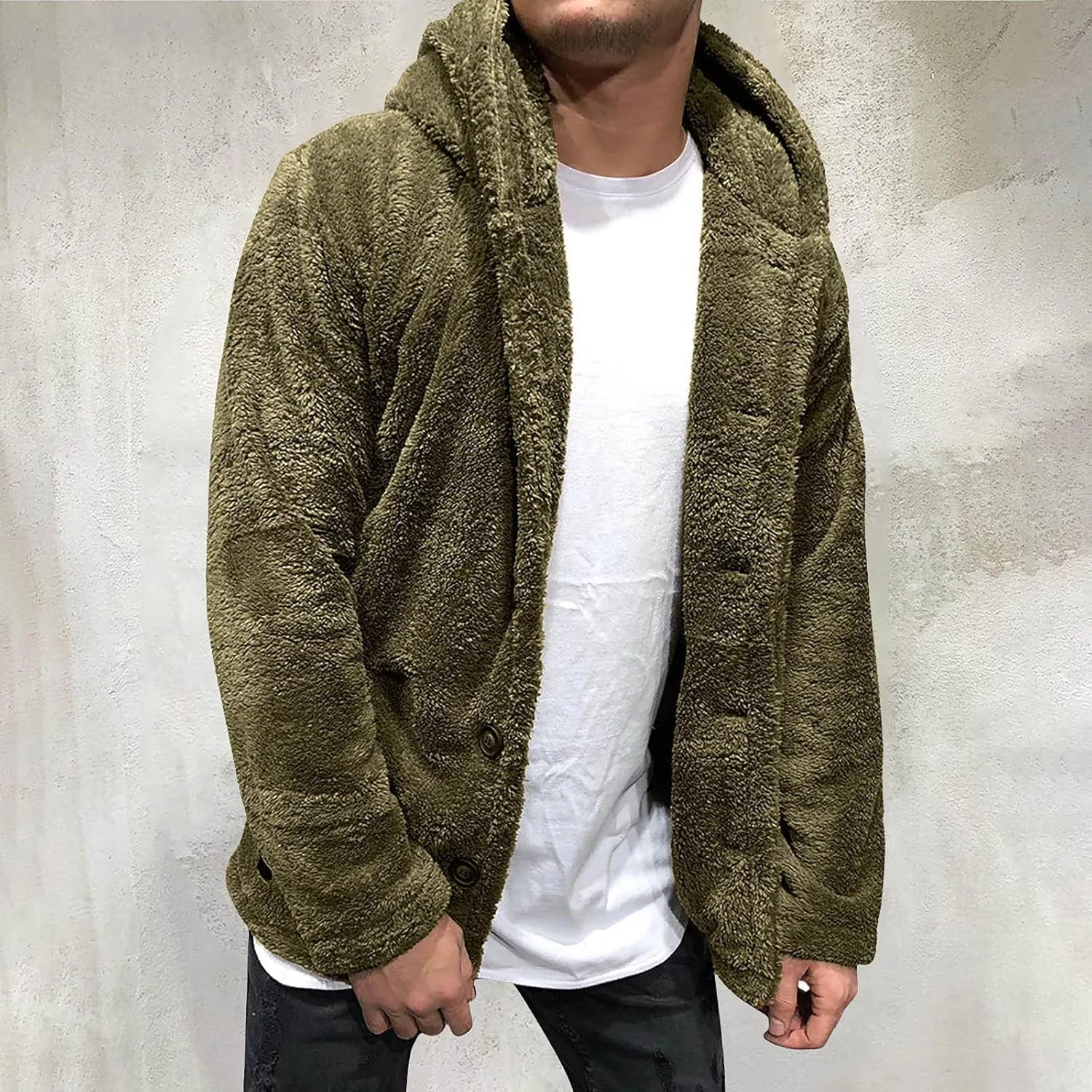 Mens Fuzzy Sherpa Jacket Solid Color Button Down Fluffy Fleece Coat Winter Fashion Casual Warm Hooded Jacket