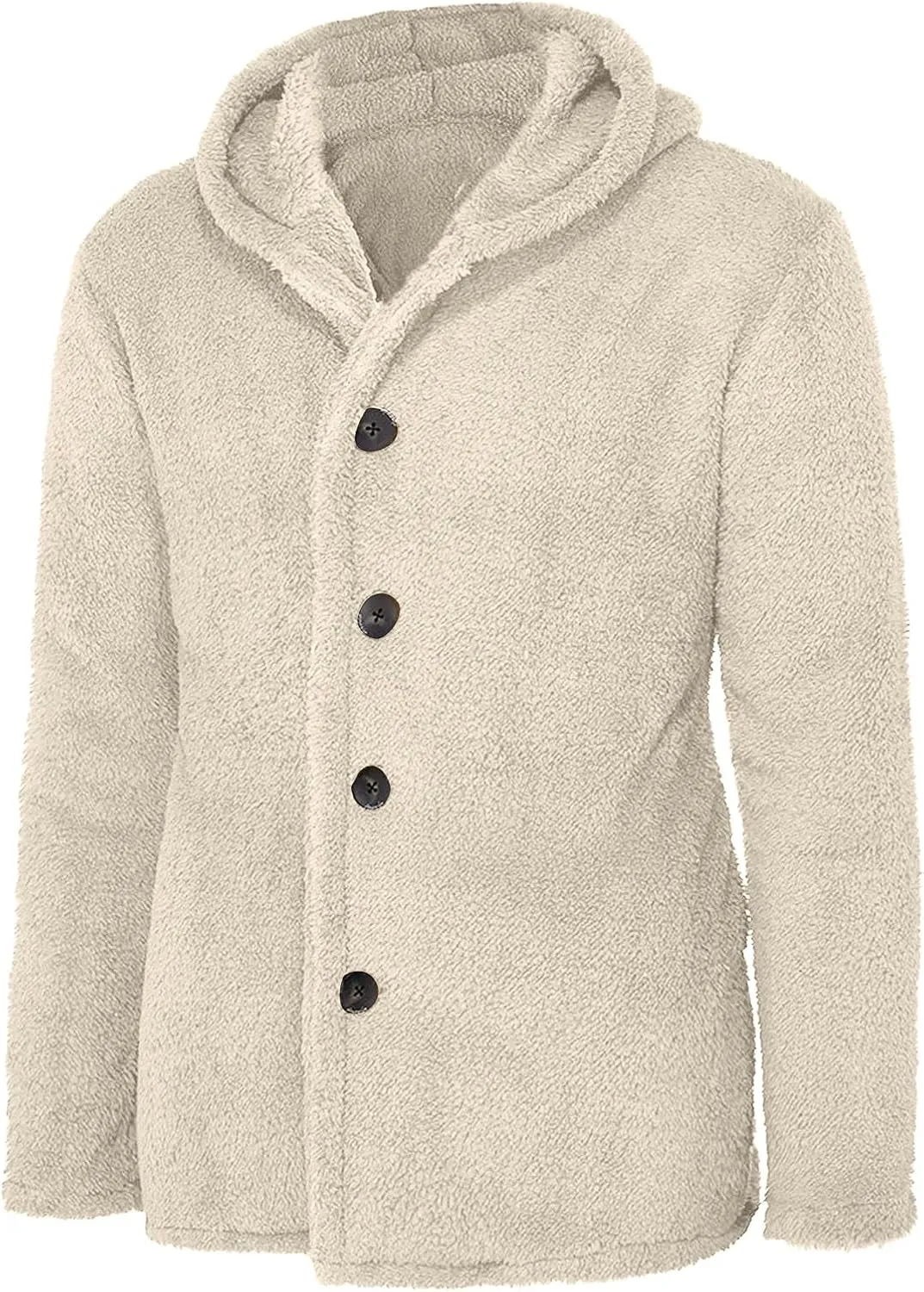 Mens Fuzzy Sherpa Jacket Solid Color Button Down Fluffy Fleece Coat Winter Fashion Casual Warm Hooded Jacket