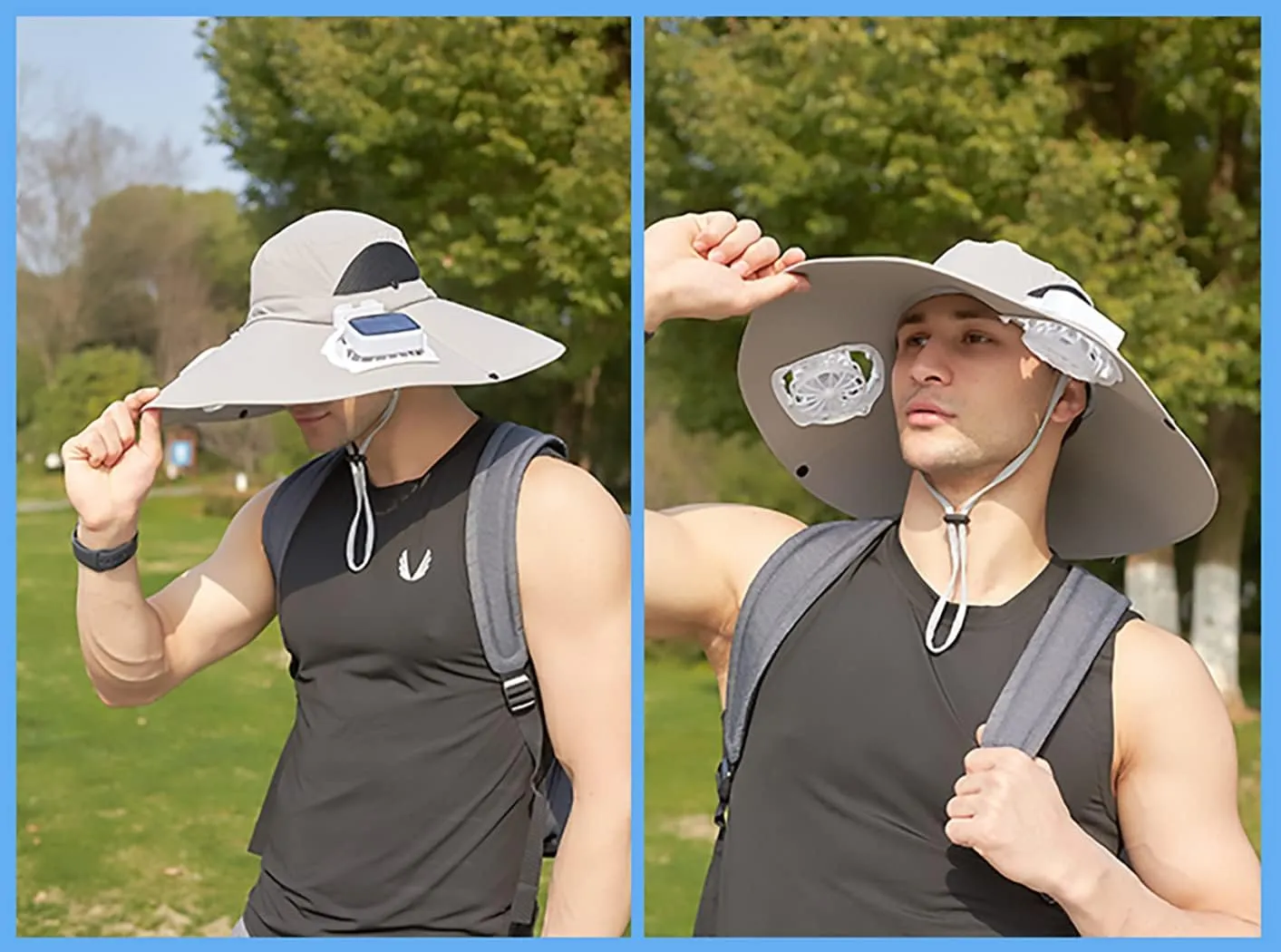 Mens Sun Hat with 2 Fan, Summer Cooling Wide Brim Bucket Hat, Beach Hat Garden Hat, Solar   USB Dual Power Supply