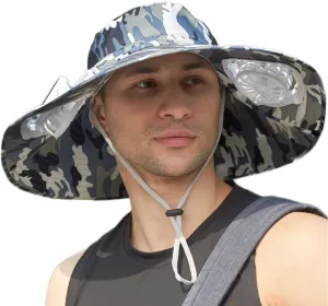 Mens Sun Hat with 2 Fan, Summer Cooling Wide Brim Bucket Hat, Beach Hat Garden Hat, Solar   USB Dual Power Supply