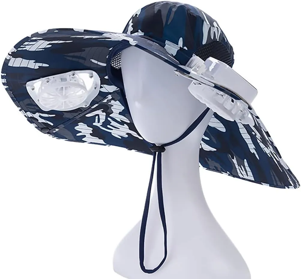 Mens Sun Hat with 2 Fan, Summer Cooling Wide Brim Bucket Hat, Beach Hat Garden Hat, Solar   USB Dual Power Supply