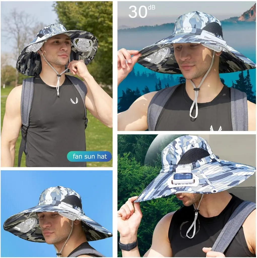 Mens Sun Hat with 2 Fan, Summer Cooling Wide Brim Bucket Hat, Beach Hat Garden Hat, Solar   USB Dual Power Supply