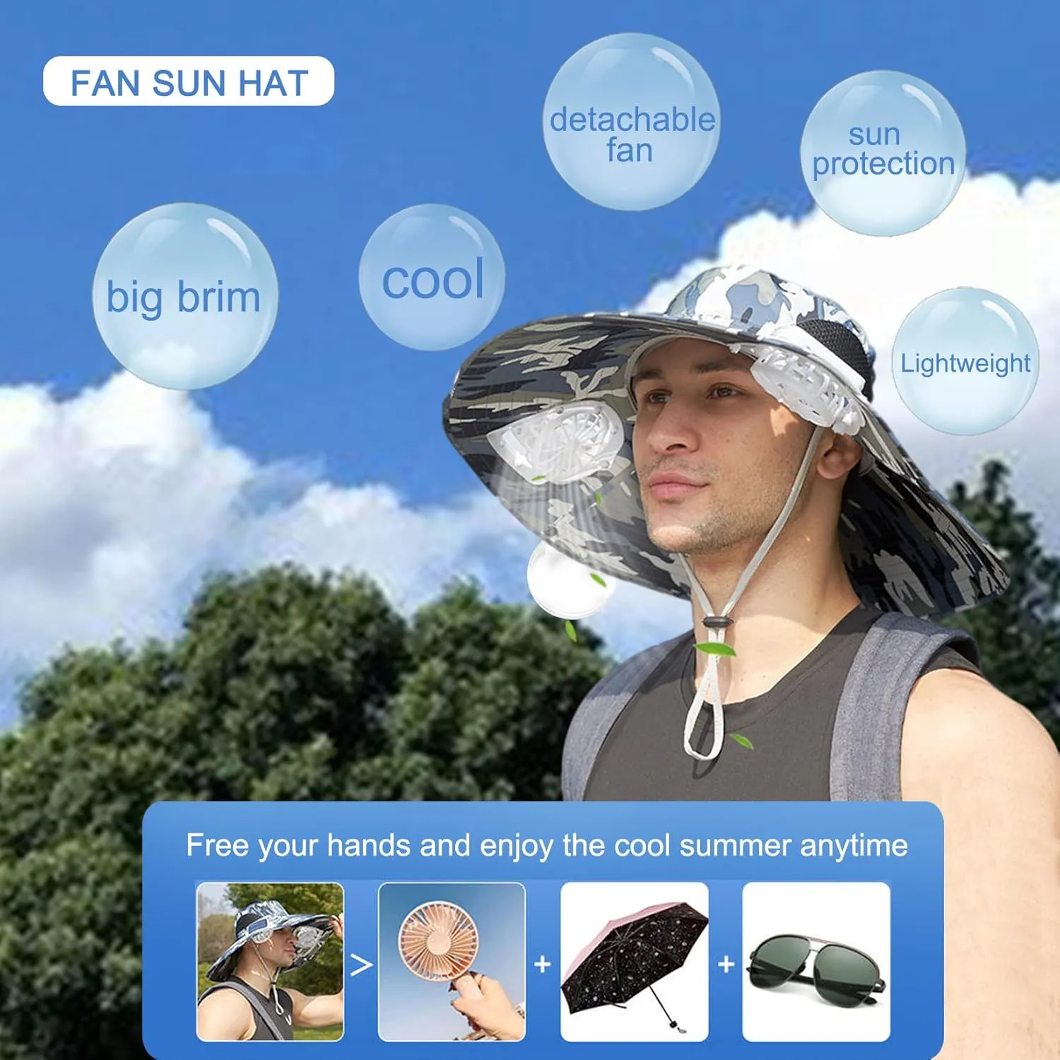 Mens Sun Hat with 2 Fan, Summer Cooling Wide Brim Bucket Hat, Beach Hat Garden Hat, Solar   USB Dual Power Supply