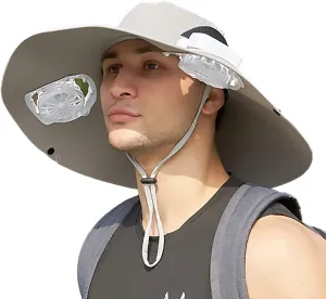 Mens Sun Hat with 2 Fan, Summer Cooling Wide Brim Bucket Hat, Beach Hat Garden Hat, Solar   USB Dual Power Supply