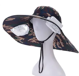Mens Sun Hat with 2 Fan, Summer Cooling Wide Brim Bucket Hat, Beach Hat Garden Hat, Solar   USB Dual Power Supply