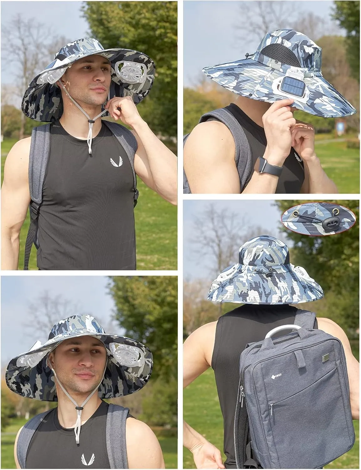 Mens Sun Hat with 2 Fan, Summer Cooling Wide Brim Bucket Hat, Beach Hat Garden Hat, Solar   USB Dual Power Supply