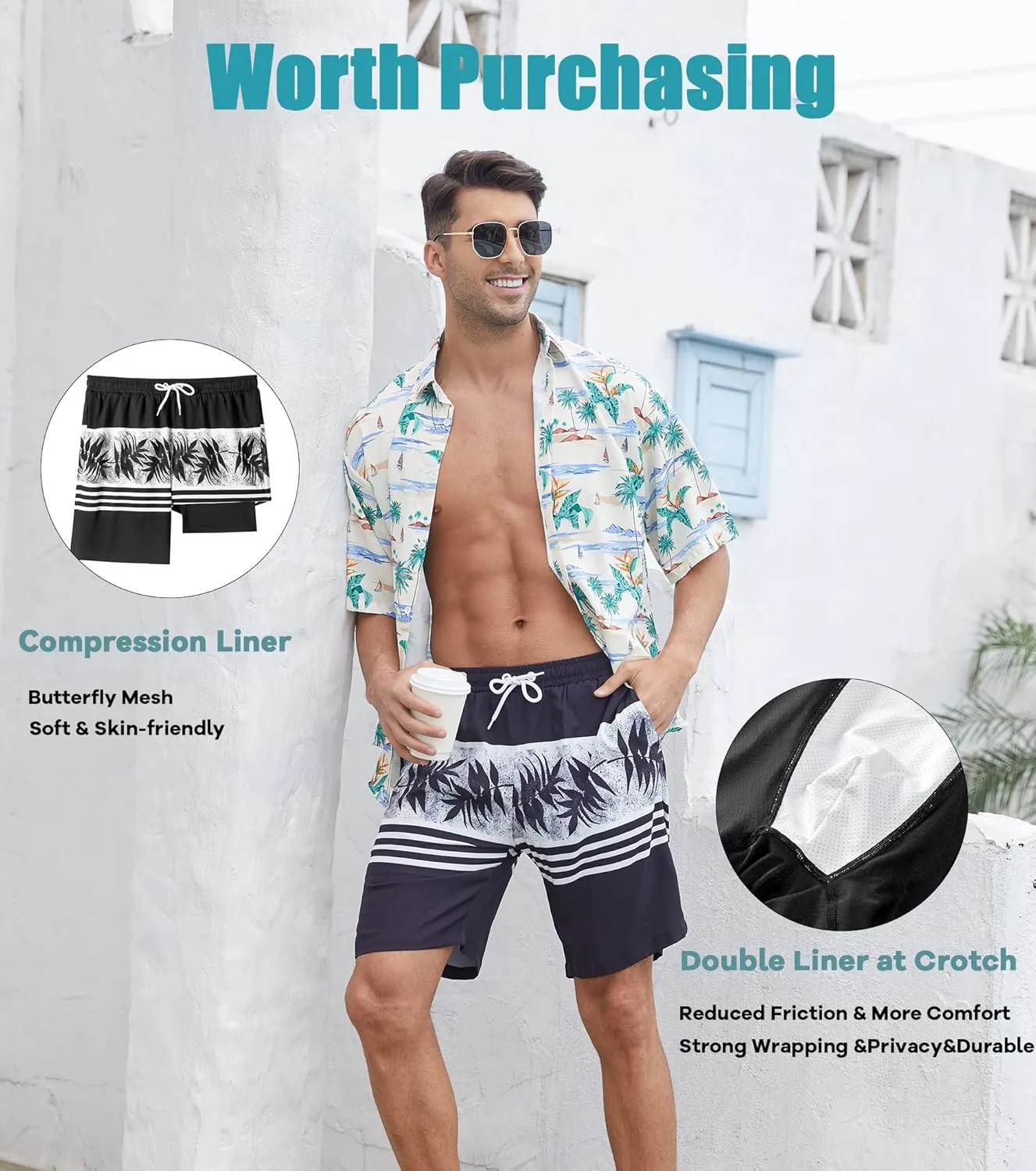 Mens Swim Trunks with Compression Liner 7" Quick Dry Swimsuit Board Shorts Bathing Suits with Zipper Pockets