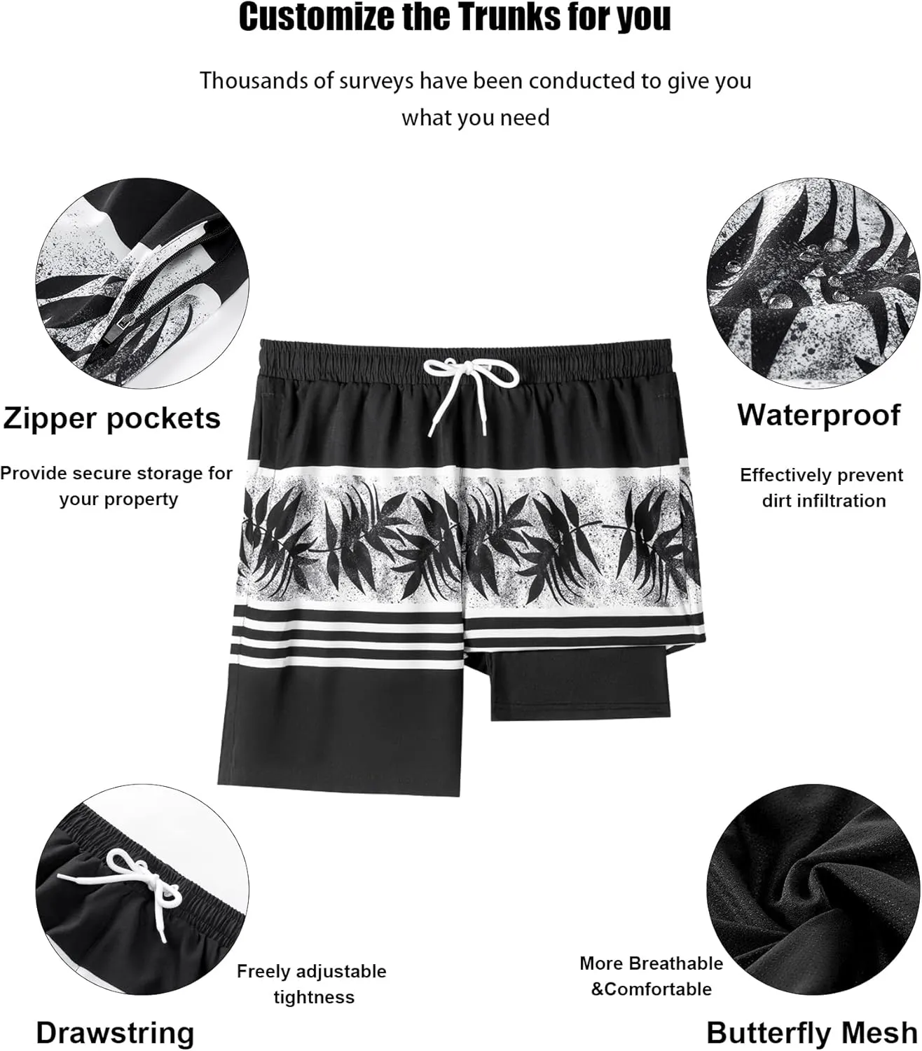 Mens Swim Trunks with Compression Liner 7" Quick Dry Swimsuit Board Shorts Bathing Suits with Zipper Pockets