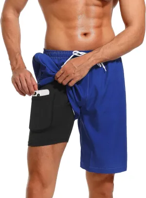 Mens Swim Trunks with Compression Liner 7" Quick Dry Swimsuit Board Shorts Bathing Suits with Zipper Pockets