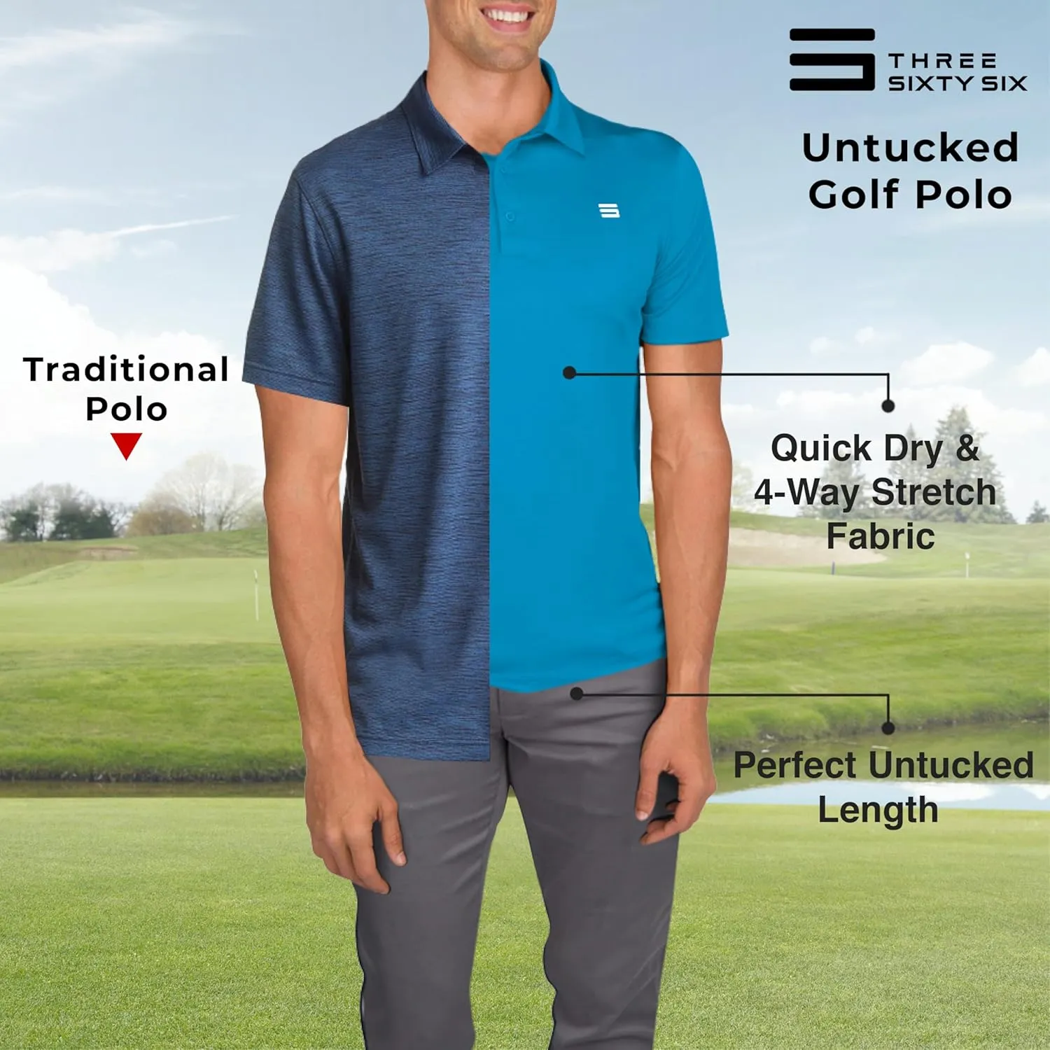 Men’s Untucked Golf Polo Shirts - The Perfect Length, Quick Dry, 4-Way Stretch Fabric. Moisture Wicking, UPF 50  Protection