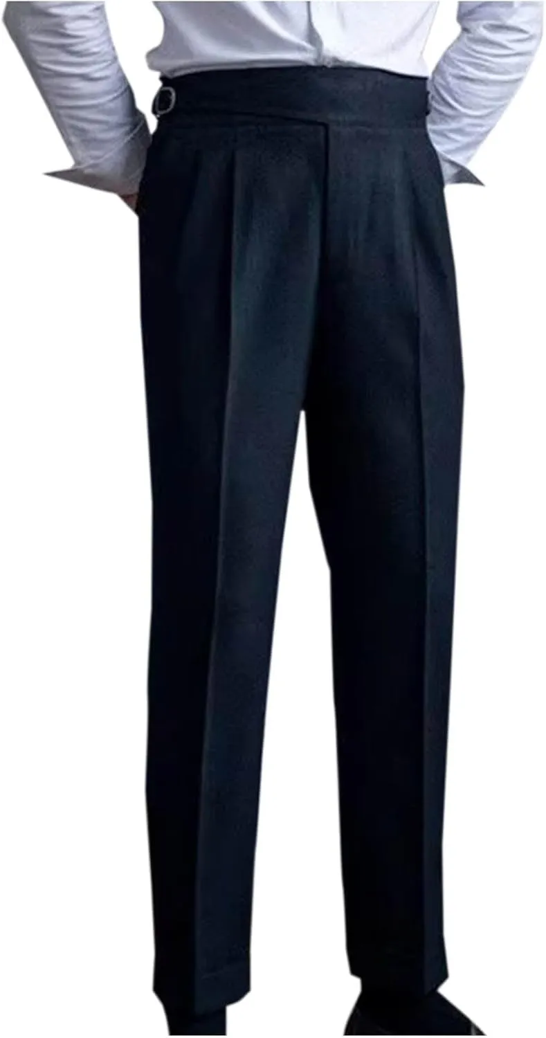 Mens Vintage Dress Pants Adjustable Side Buckle Formal Trousers Business Chino Pant Pleated Front Trouser Straight Legs Pants