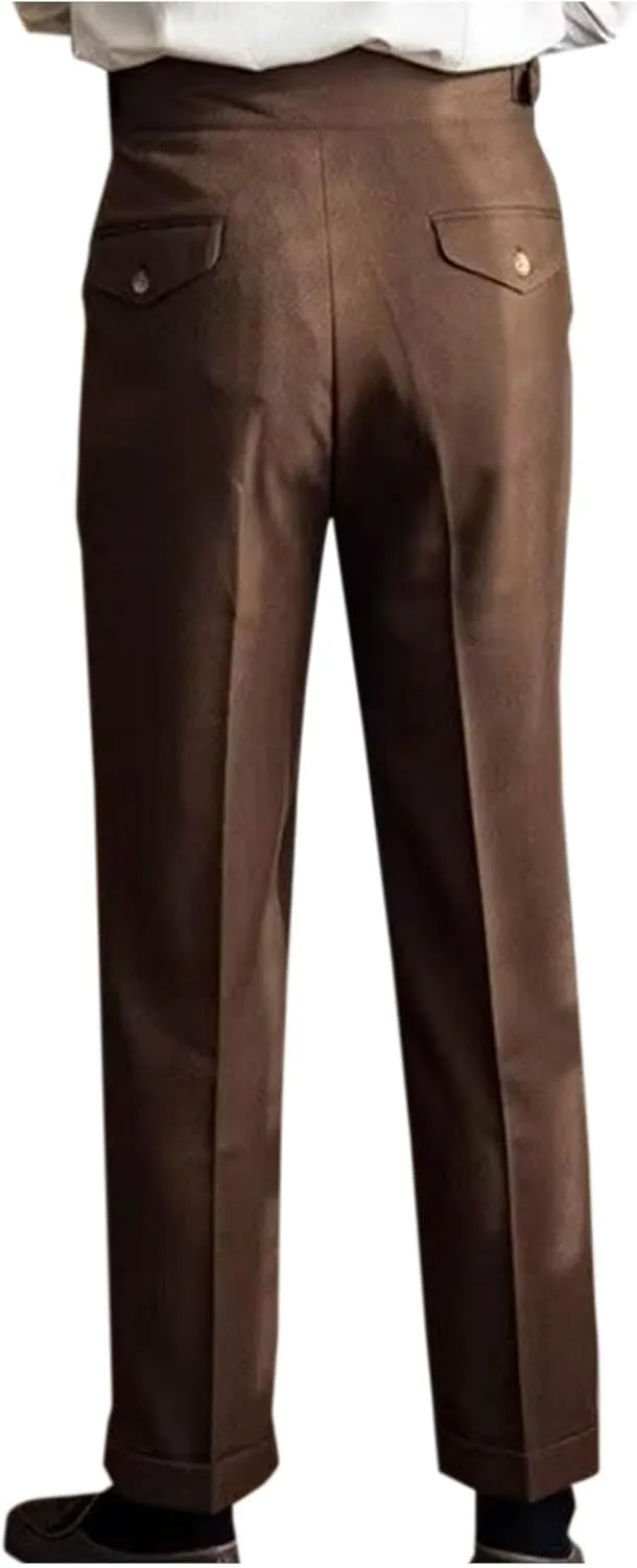 Mens Vintage Dress Pants Adjustable Side Buckle Formal Trousers Business Chino Pant Pleated Front Trouser Straight Legs Pants
