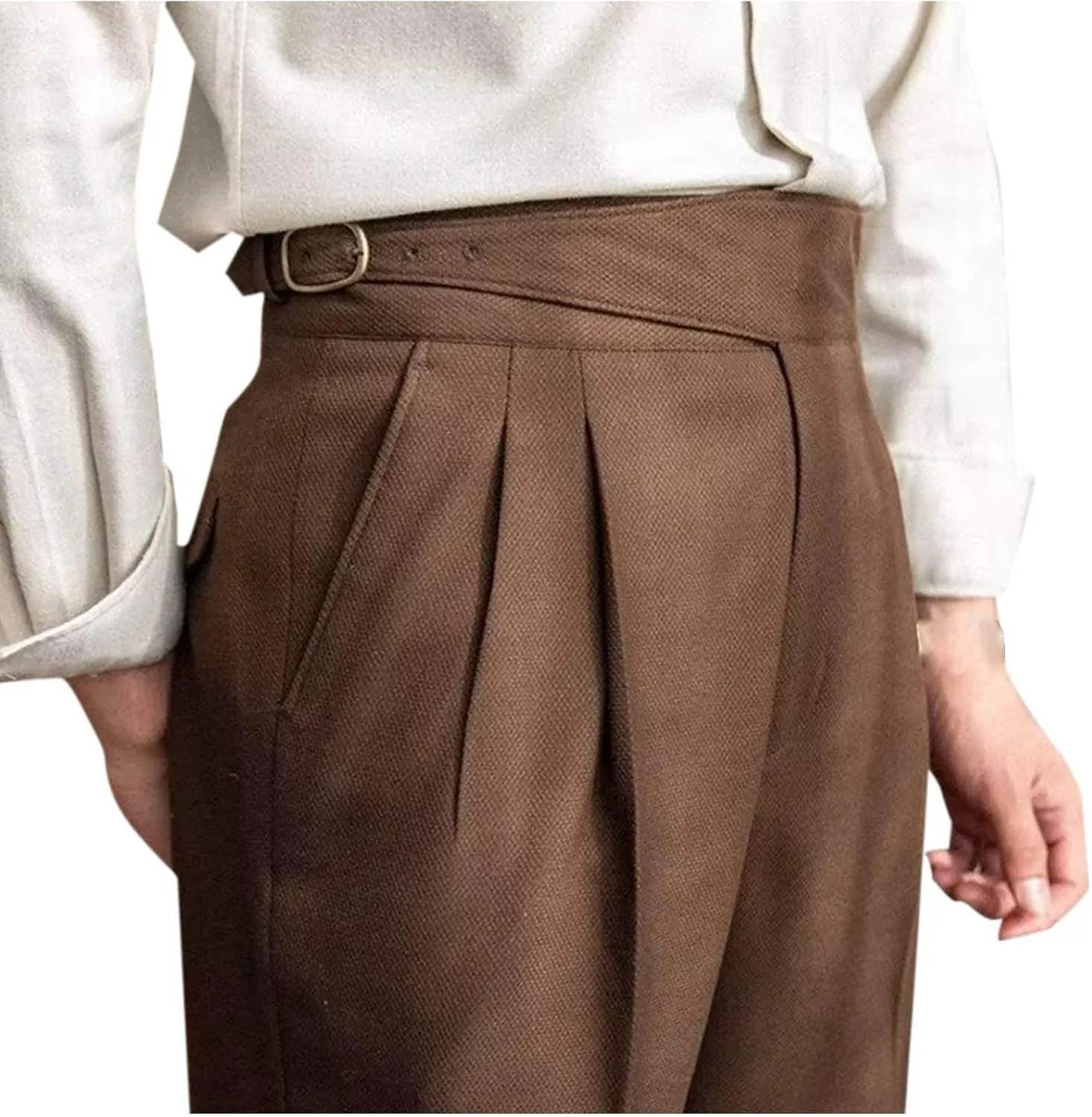 Mens Vintage Dress Pants Adjustable Side Buckle Formal Trousers Business Chino Pant Pleated Front Trouser Straight Legs Pants