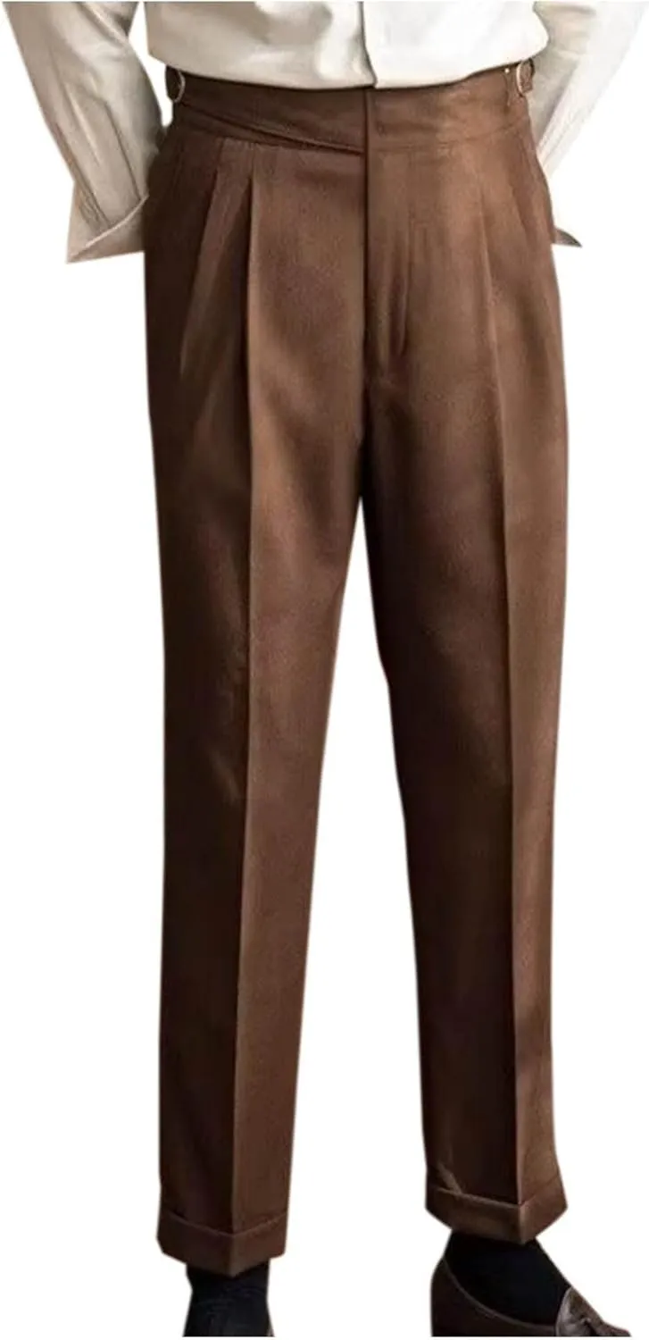 Mens Vintage Dress Pants Adjustable Side Buckle Formal Trousers Business Chino Pant Pleated Front Trouser Straight Legs Pants