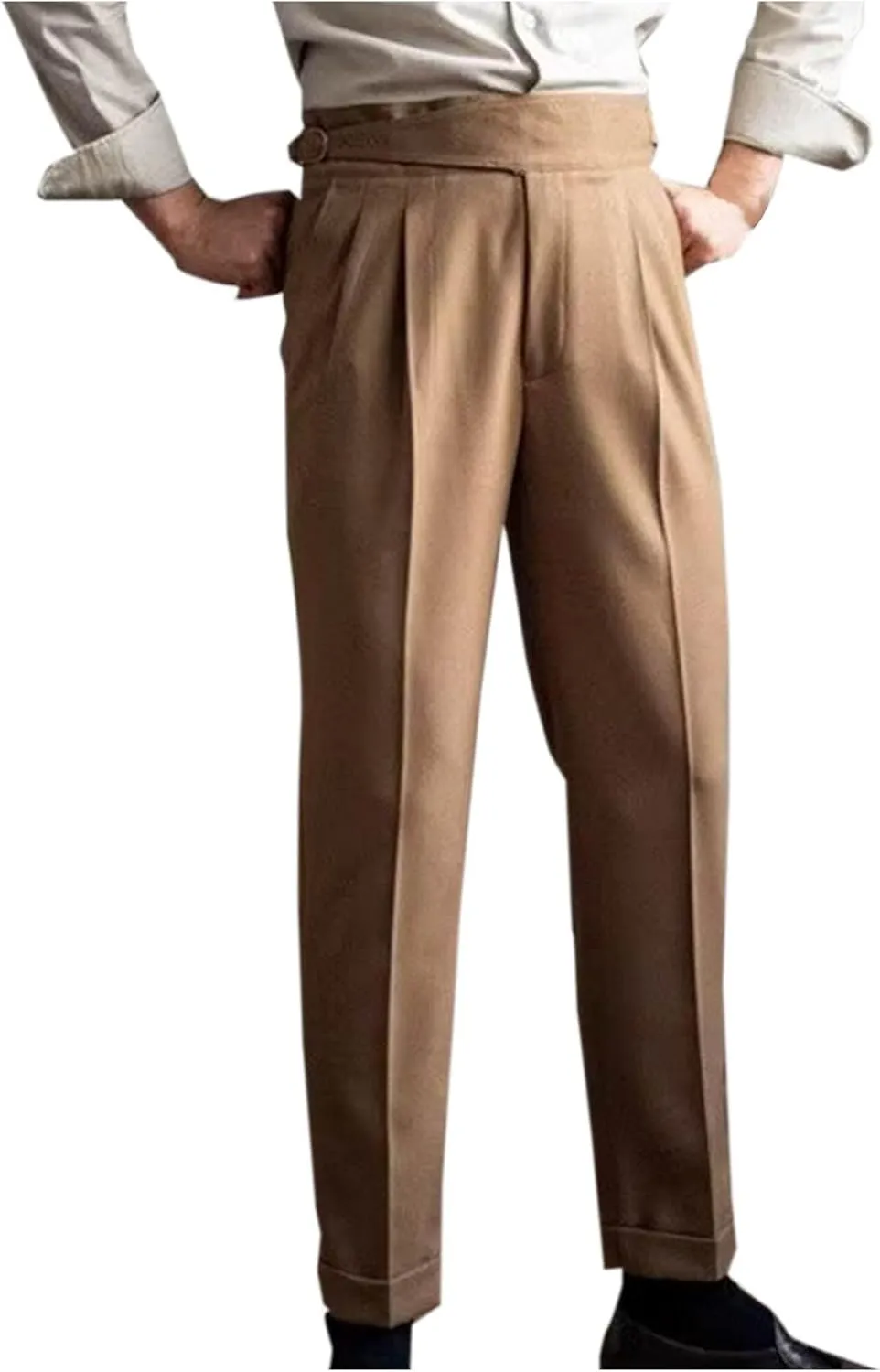Mens Vintage Dress Pants Adjustable Side Buckle Formal Trousers Business Chino Pant Pleated Front Trouser Straight Legs Pants