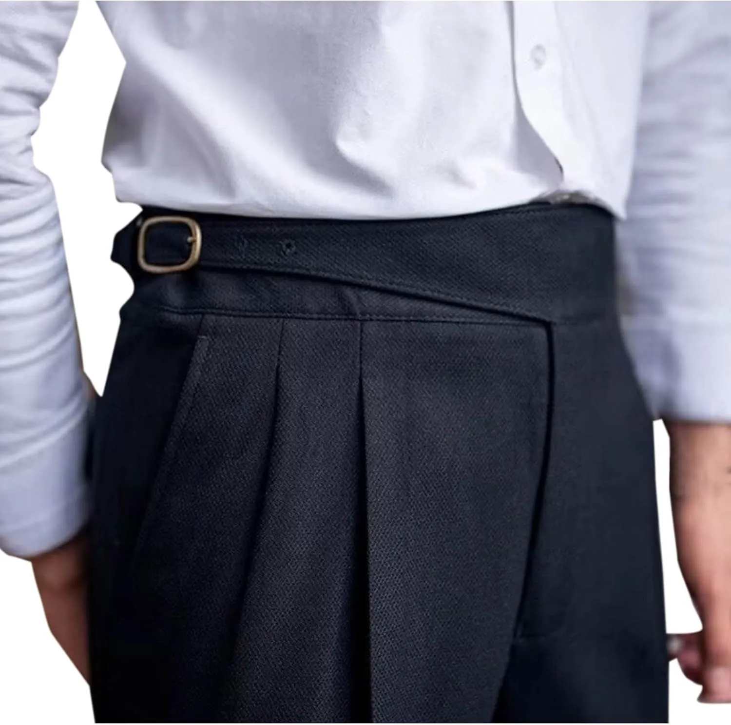 Mens Vintage Dress Pants Adjustable Side Buckle Formal Trousers Business Chino Pant Pleated Front Trouser Straight Legs Pants