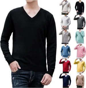 Men's Wool Blend V-Neck Sweater Relaxed Fit Thin Knit Soft Touch Long Sleeve Pullover Fashion Fall Winter Base Shirt
