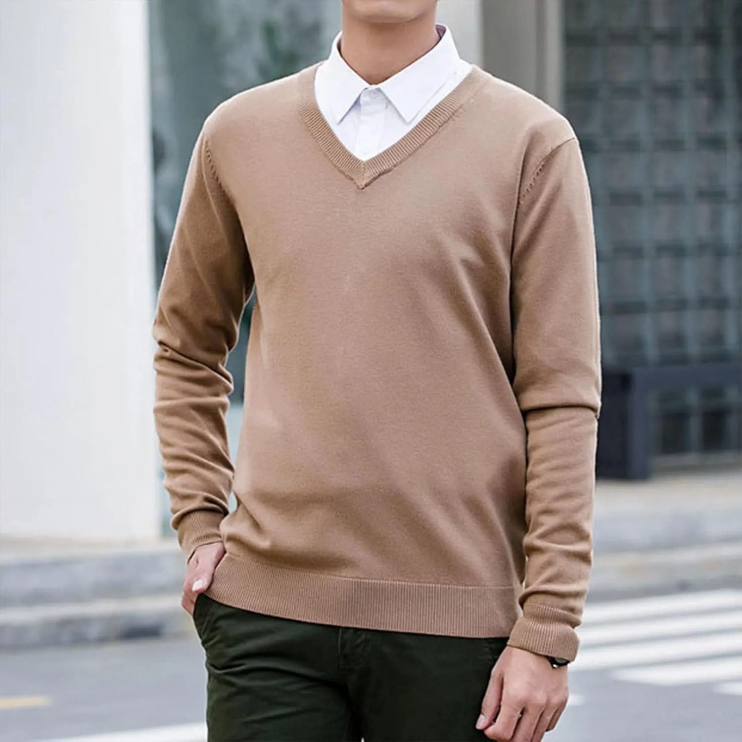 Men's Wool Blend V-Neck Sweater Relaxed Fit Thin Knit Soft Touch Long Sleeve Pullover Fashion Fall Winter Base Shirt
