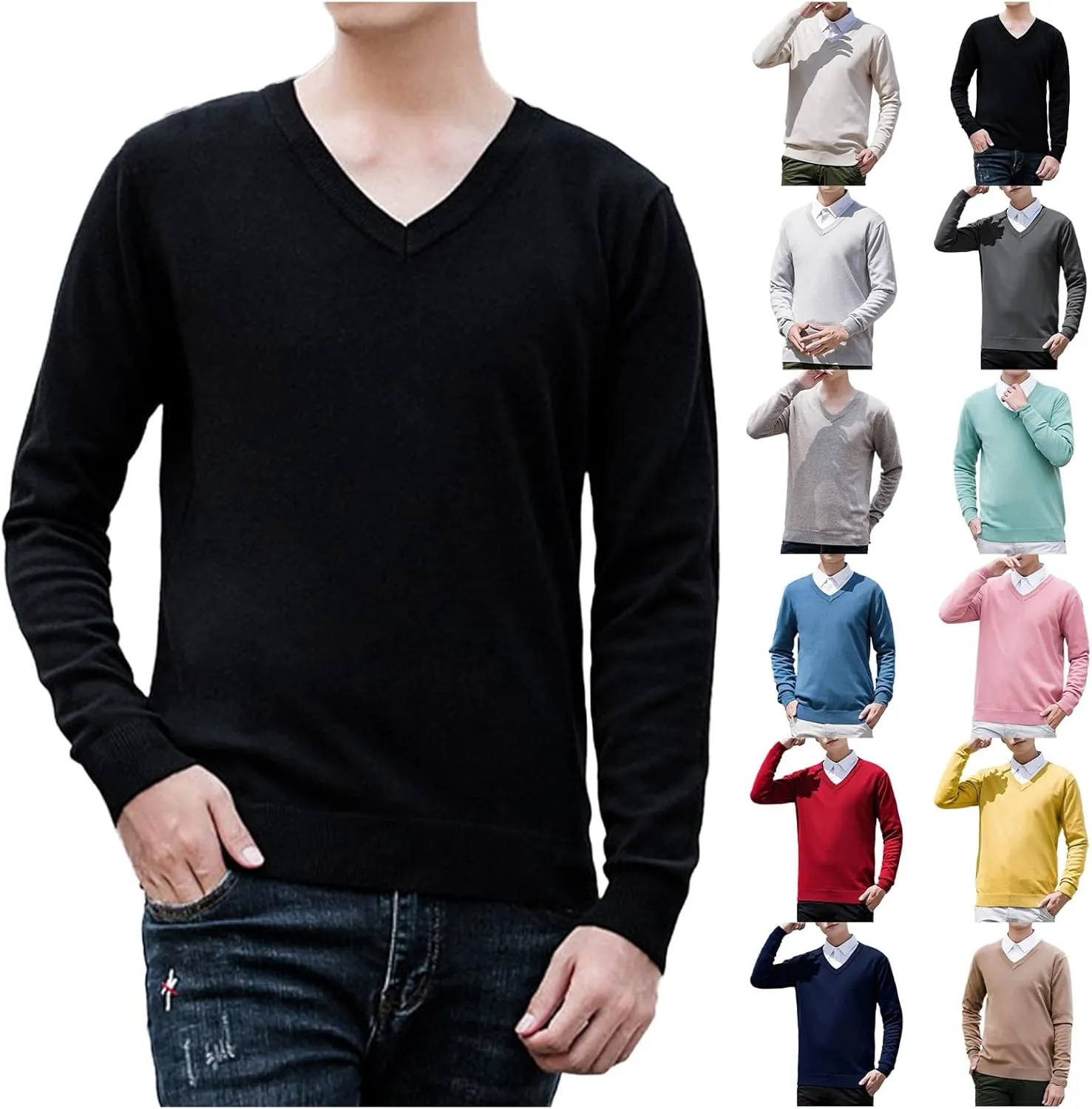 Men's Wool Blend V-Neck Sweater Relaxed Fit Thin Knit Soft Touch Long Sleeve Pullover Fashion Fall Winter Base Shirt