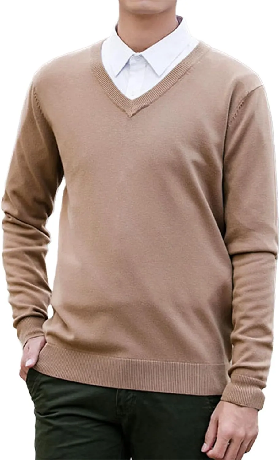 Men's Wool Blend V-Neck Sweater Relaxed Fit Thin Knit Soft Touch Long Sleeve Pullover Fashion Fall Winter Base Shirt