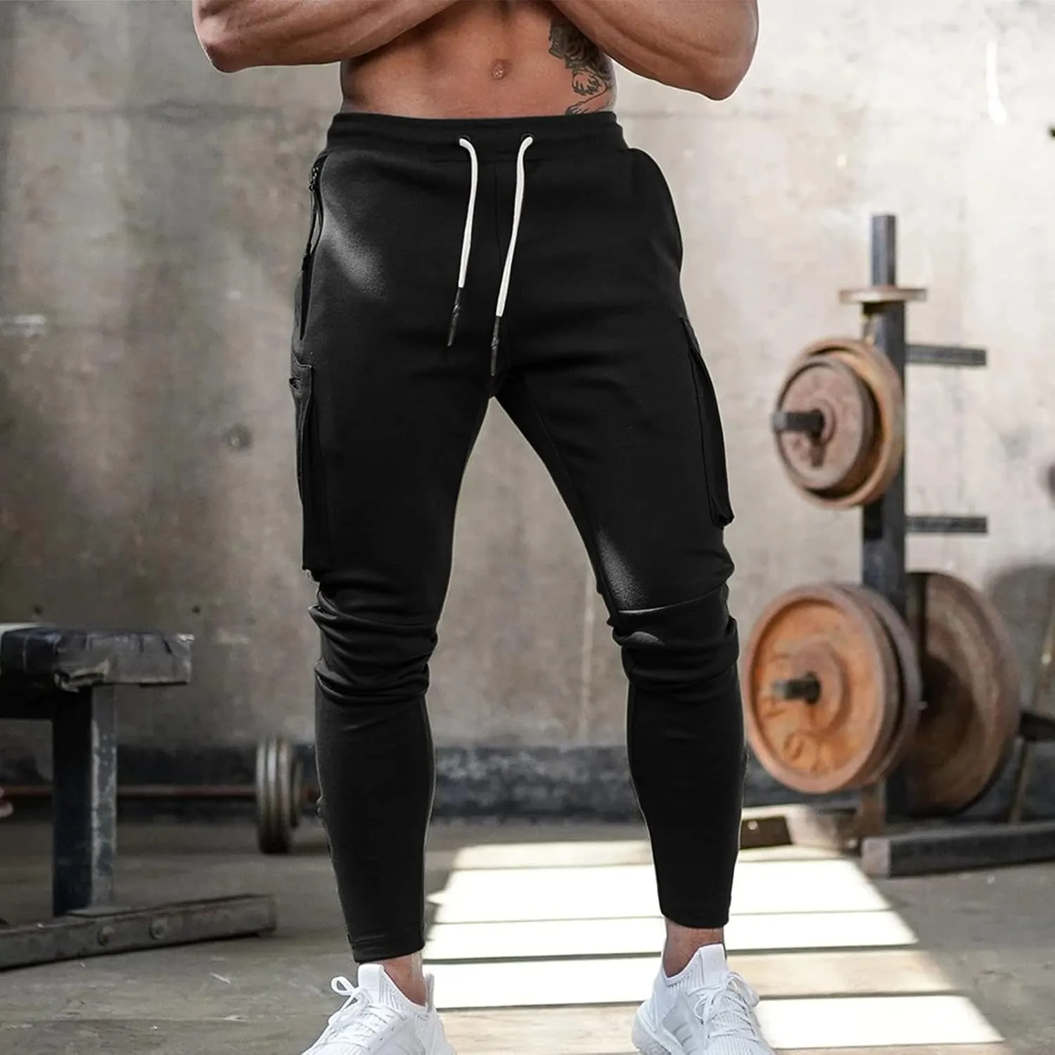 Mens Workout Cargo Sweatpants Trousers Work Wear Combat Fitness Drawstring Pockets Rope Loose Sweatpant 2023 Outdoor
