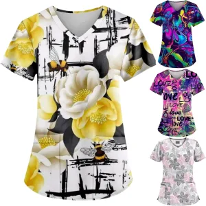 OIOLOYJM Plus Size Scrubs for Women Nurse Gifts Printed Tops Medical Nursing Stretchy Shirts