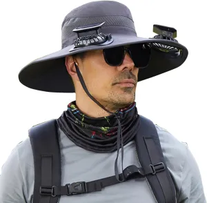 Outdoor Solar Fan Hat Mens Wide Brim UPF 50  Fishing & Beach Sun Hats, Solar & USB Waterproof Hiking Camping Hat for Unisex