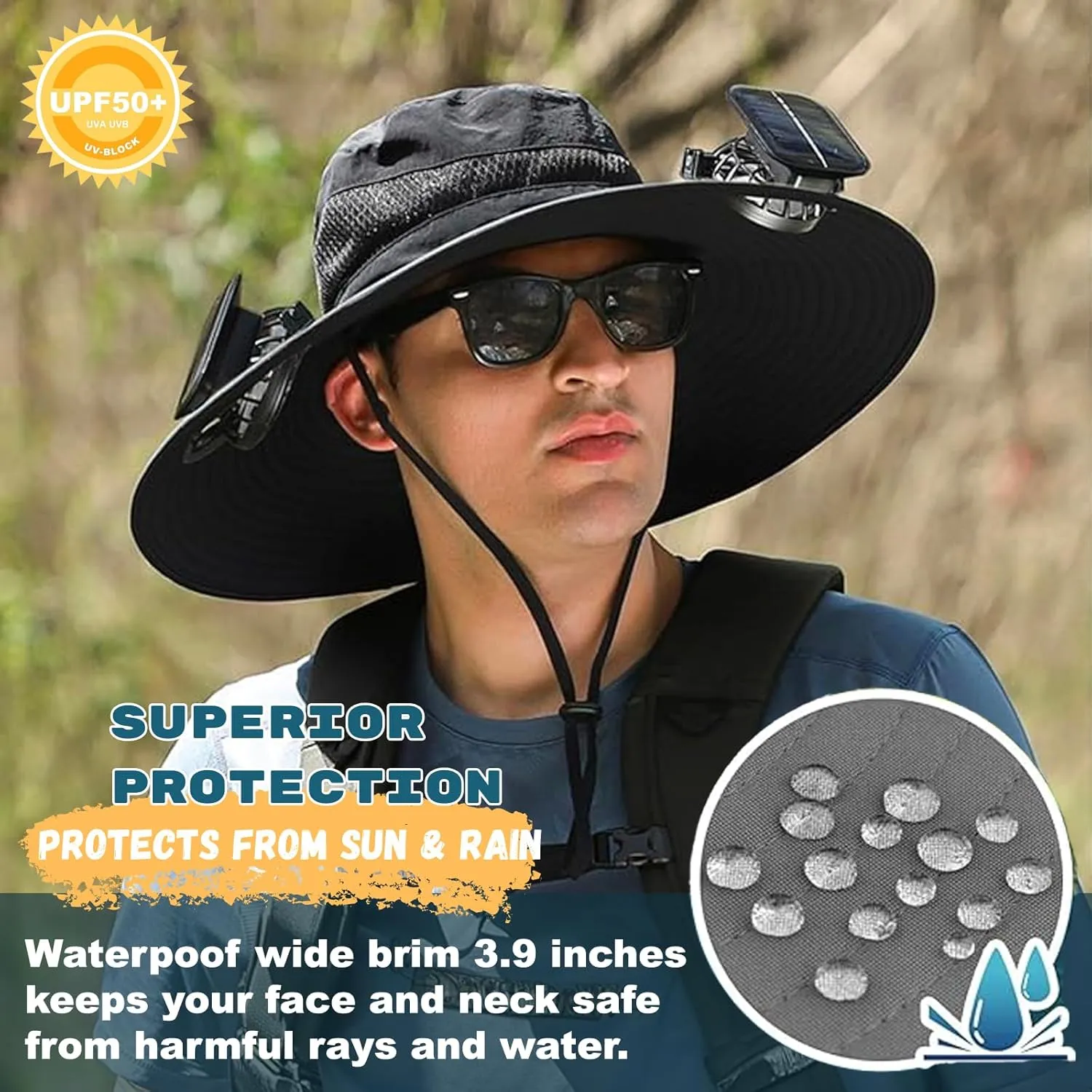 Outdoor Wide Brim Sun Hat with 2 Solar Fan Sun Bucket Hat for Men Women UPF 50  Bucket Fishing & Beach Hat with Fan Built in