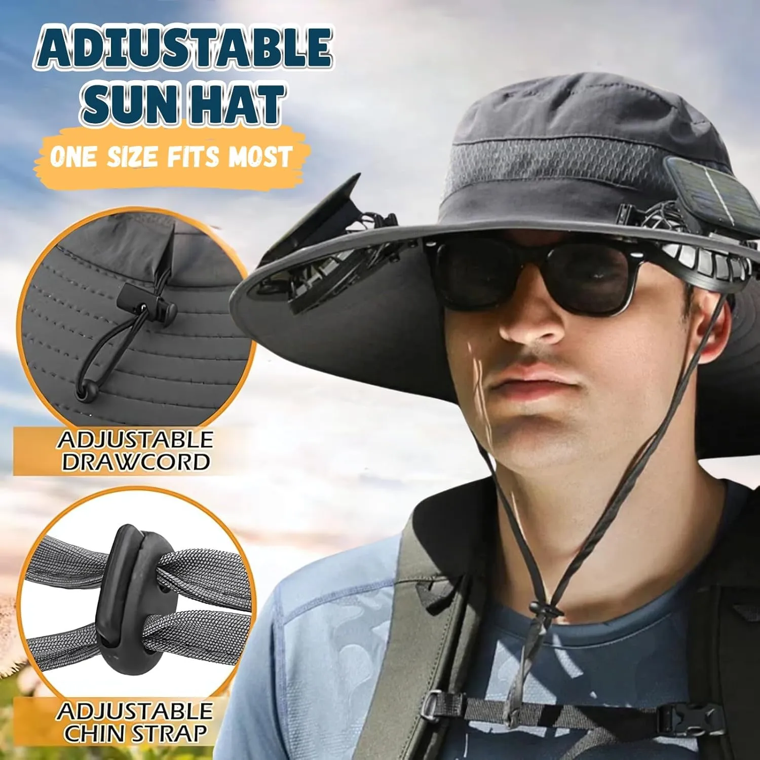 Outdoor Wide Brim Sun Hat with 2 Solar Fan Sun Bucket Hat for Men Women UPF 50  Bucket Fishing & Beach Hat with Fan Built in