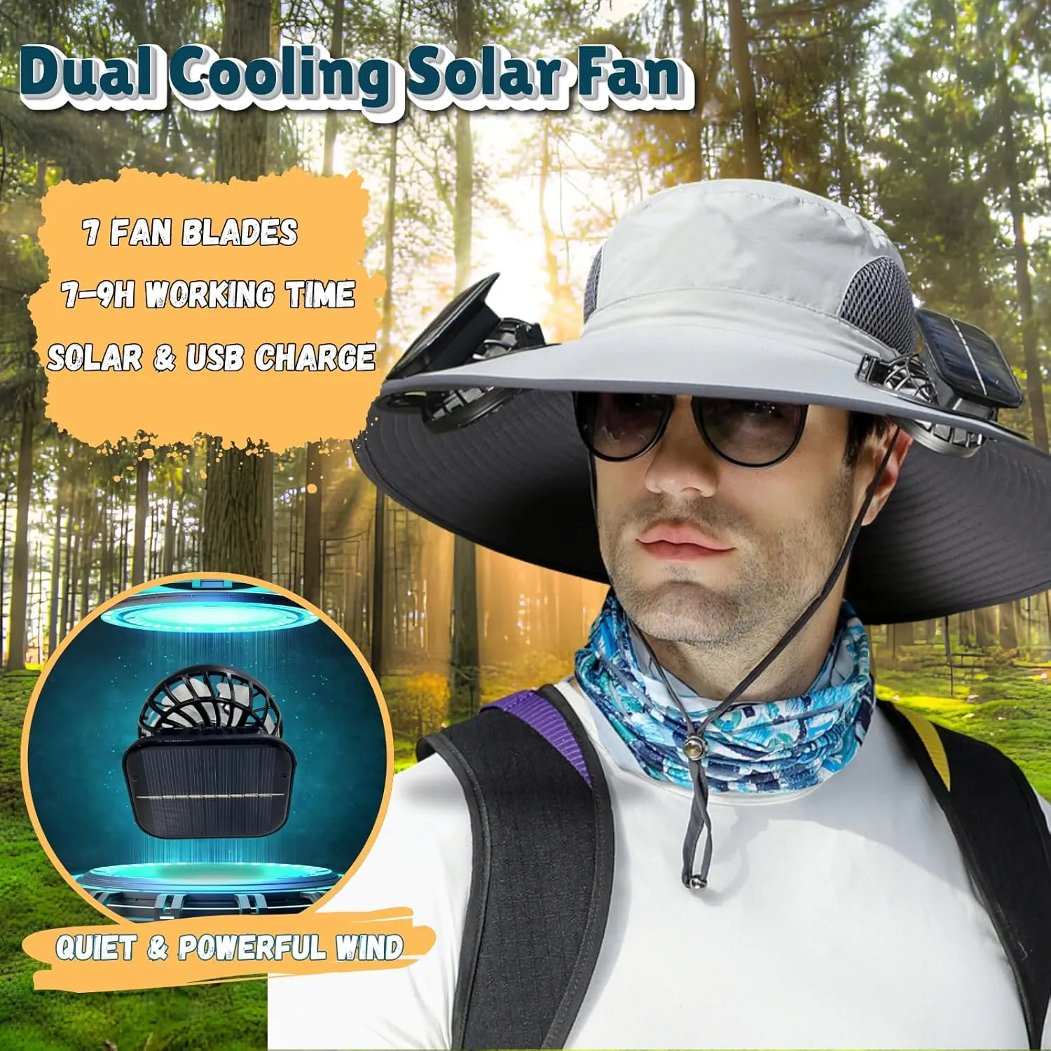 Outdoor Wide Brim Sun Hat with 2 Solar Fan Sun Bucket Hat for Men Women UPF 50  Bucket Fishing & Beach Hat with Fan Built in