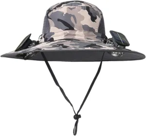 Outdoor Wide Brim Sun Hat with 2 Solar Fan, Sun Bucket Hat for Men Women, UPF 50  Outdoor, Hiking Camping Fishing Hat